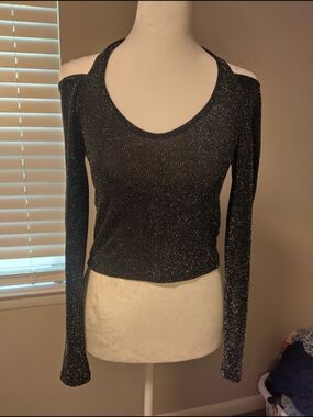 bebe Black Sparkle Cold-Shoulder Long Sleeve Top